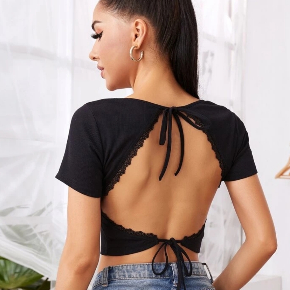 Black open back tie crop top